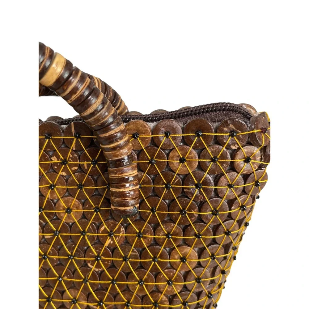 Y2K Handmade Coconut Shell Beaded Boho Handbag Artisan Crafted Brown Tote Purse